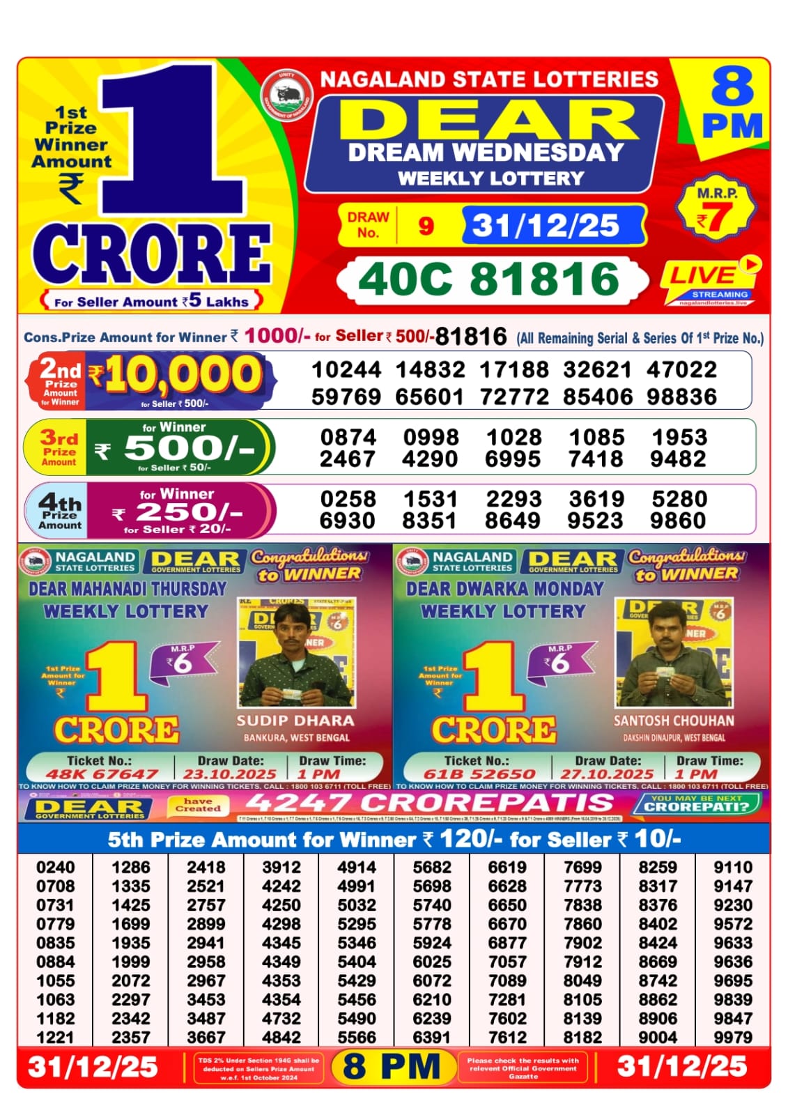 Dhankesari Today Result 31/12/25 : 8PM Dear Lottery Sambad Winners